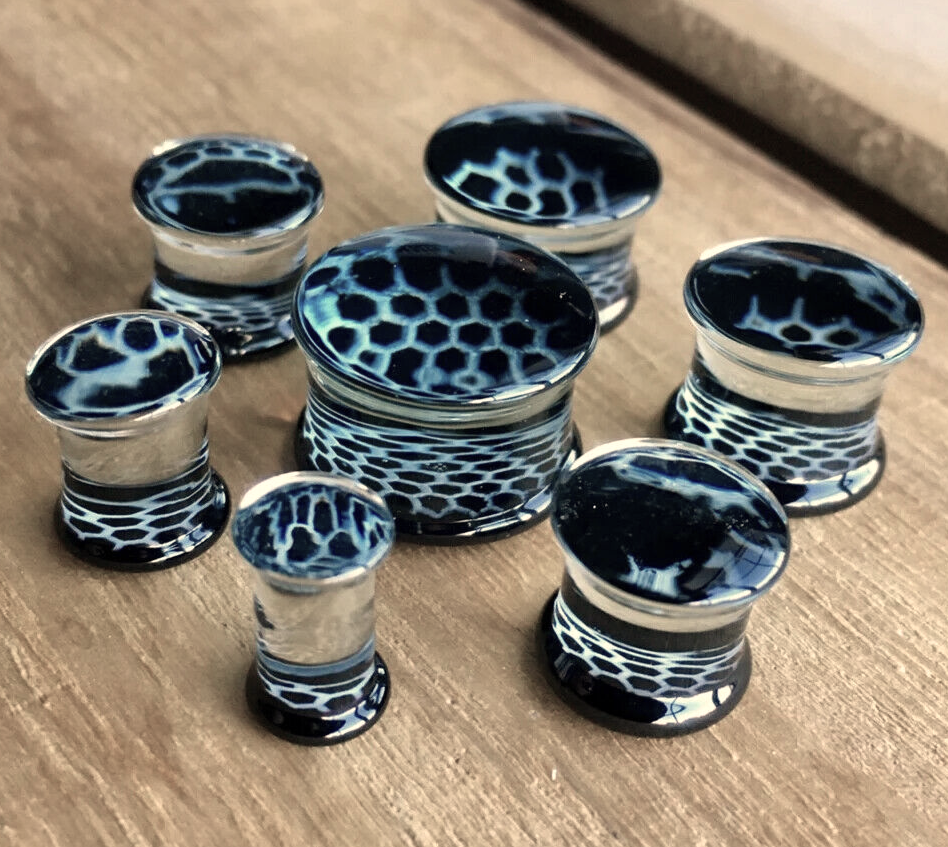 PAIR of Unique Black Honeycomb Design Pyrex Glass Double Flare Plugs - Gauges 2g (6mm) through 5/8" (16mm)