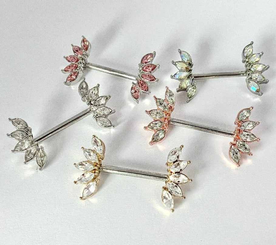 PAIR of Stunning Marquise Crystal Gem Fans Steel Nipple Barbells / Rings