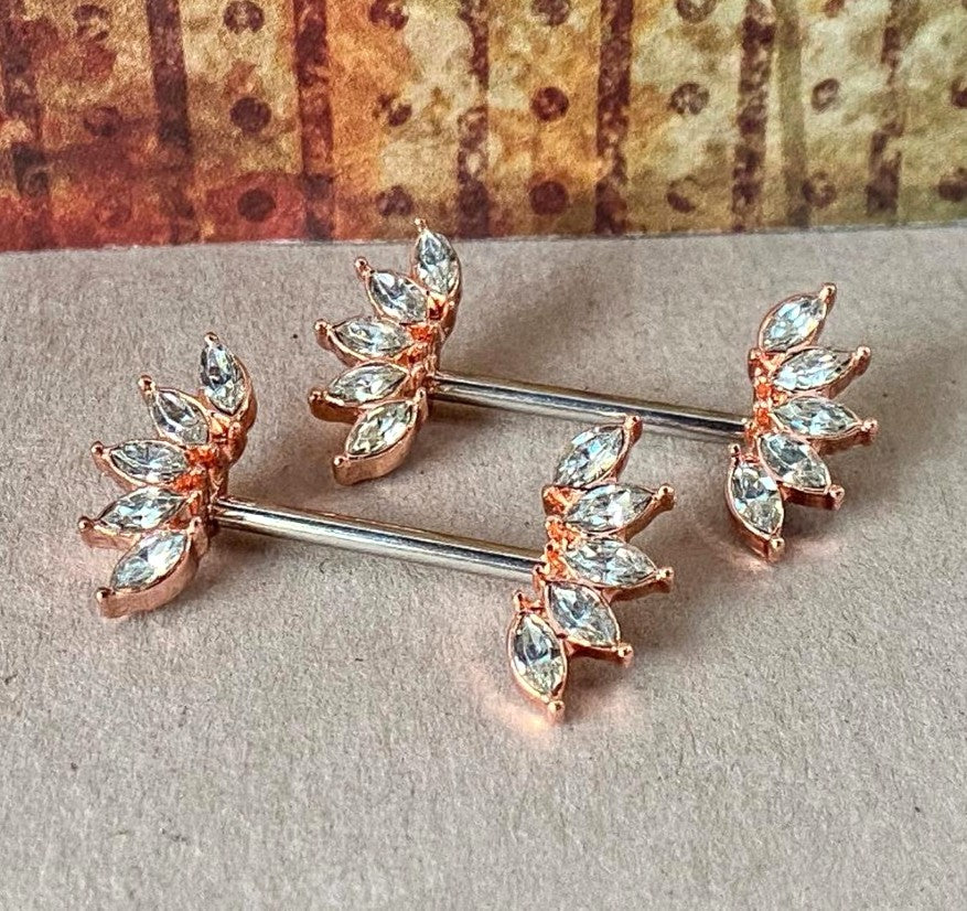 PAIR of Stunning Marquise Crystal Gem Fans Steel Nipple Barbells / Rings
