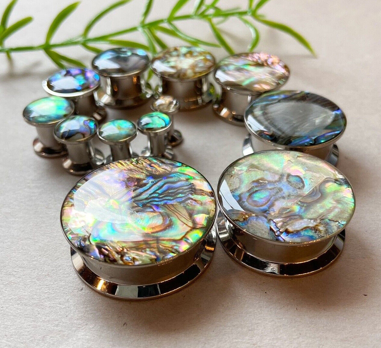 PAIR of Unique Abalone Inlay Steel Screw Fit Plugs - Gauges 8g (3.2mm) thru 1" (25mm) available!