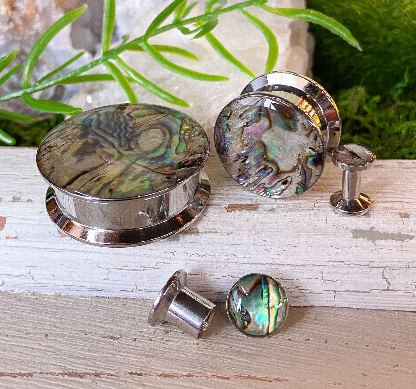 PAIR of Unique Abalone Inlay Steel Screw Fit Plugs - Gauges 8g (3.2mm) thru 1" (25mm) available!