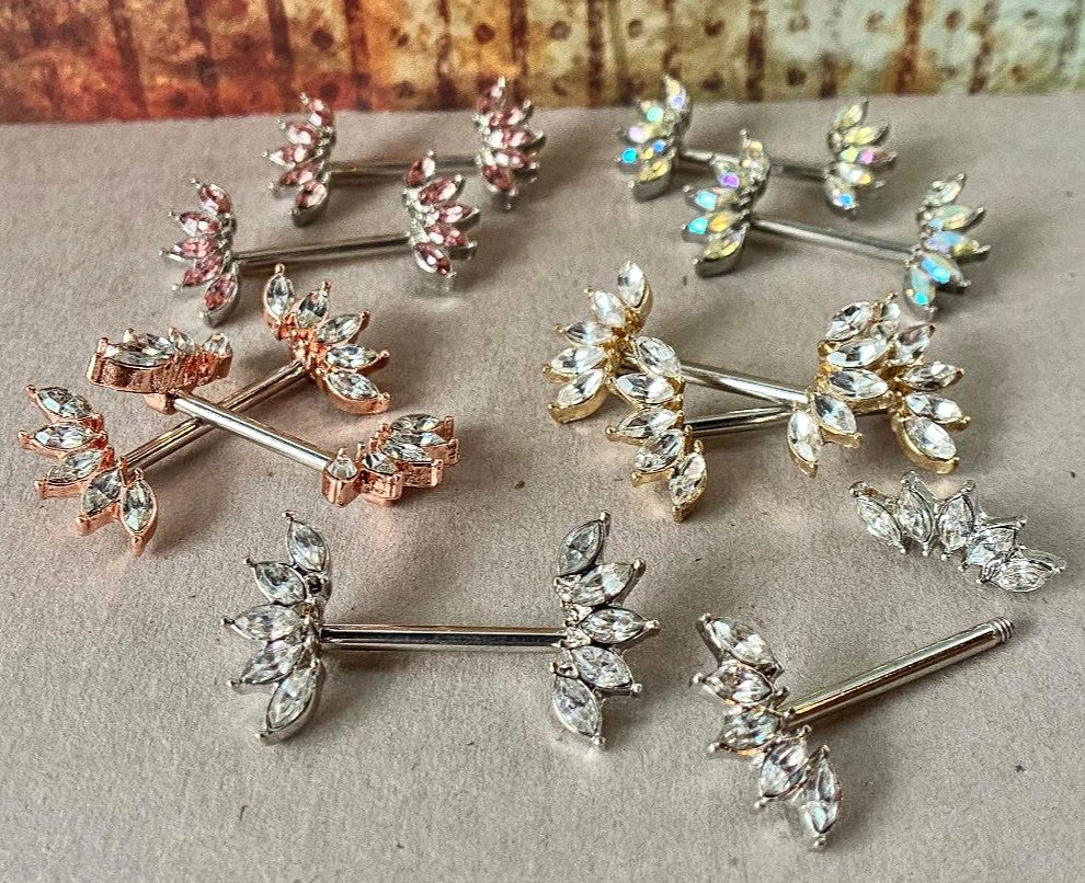 PAIR of Stunning Marquise Crystal Gem Fans Steel Nipple Barbells / Rings