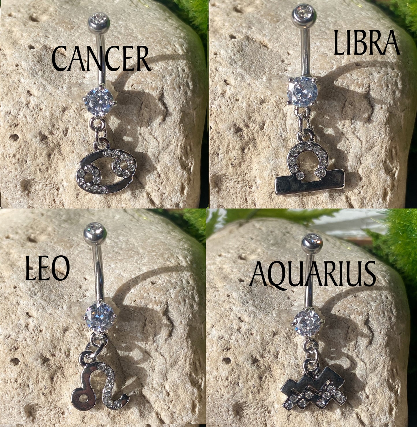 Zodiac Sign Paved CZ Gem Belly Ring Pierced Navel Astrology 14g Surgical Steel