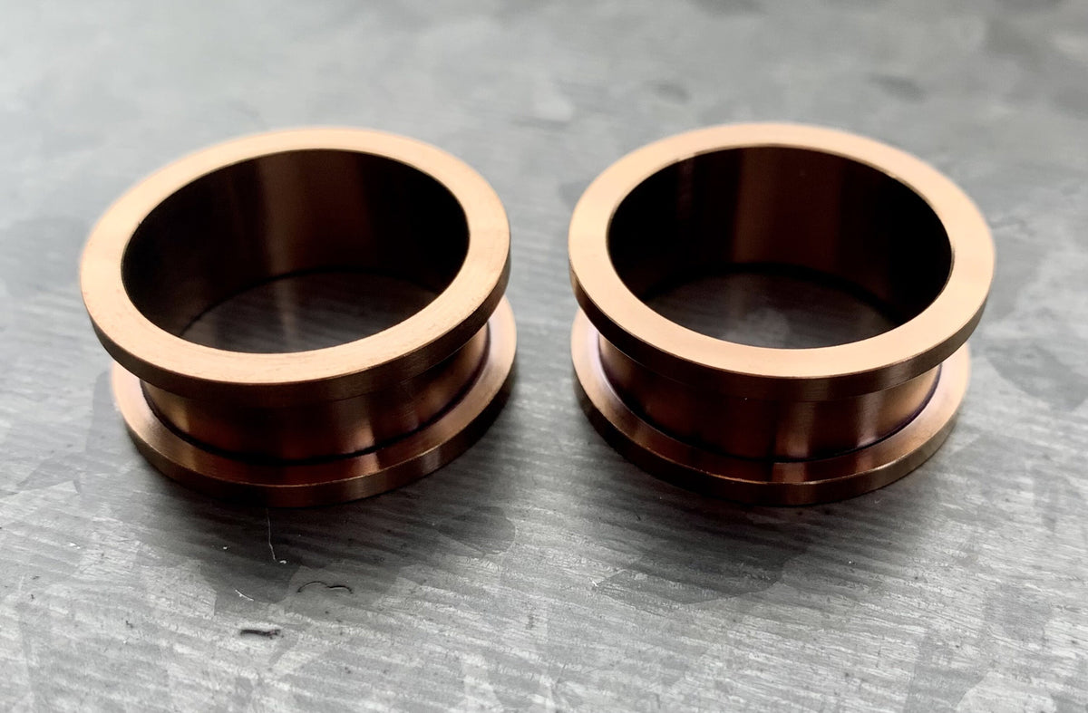 PAIR of Stunning Bronze Plated 316L Steel Screw Fit Tunnels/Plugs - Gauges 16g (1.2mm) thru 15/16" (24mm) available!