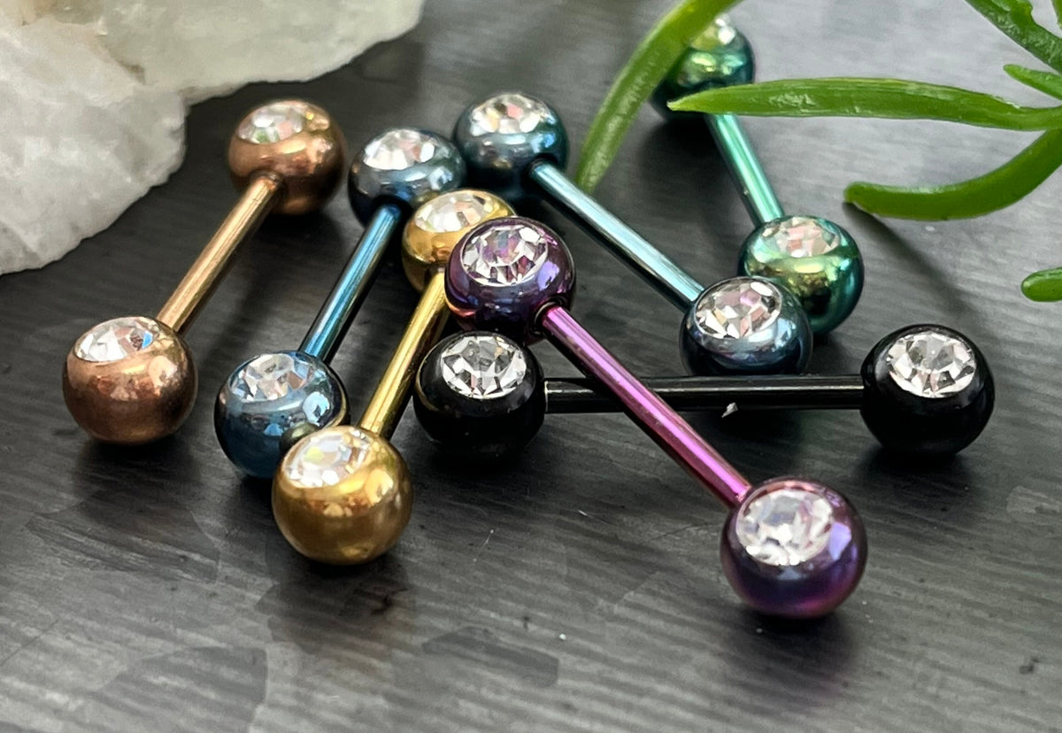 PAIR of Beautiful Titanium Anodized Double Clear CZ Gem Industrial Barbell Nipple Rings - 14g - 8 Different Colors Available!