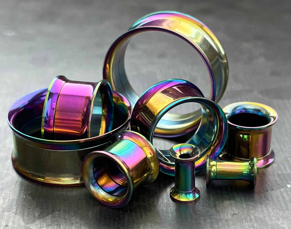 PAIR of Beautiful Rainbow PVD Plated 316L Surgical Steel Internally Threaded Tunnels/Plugs - Gauges 8g (3mm) thru 1" (25mm) available!