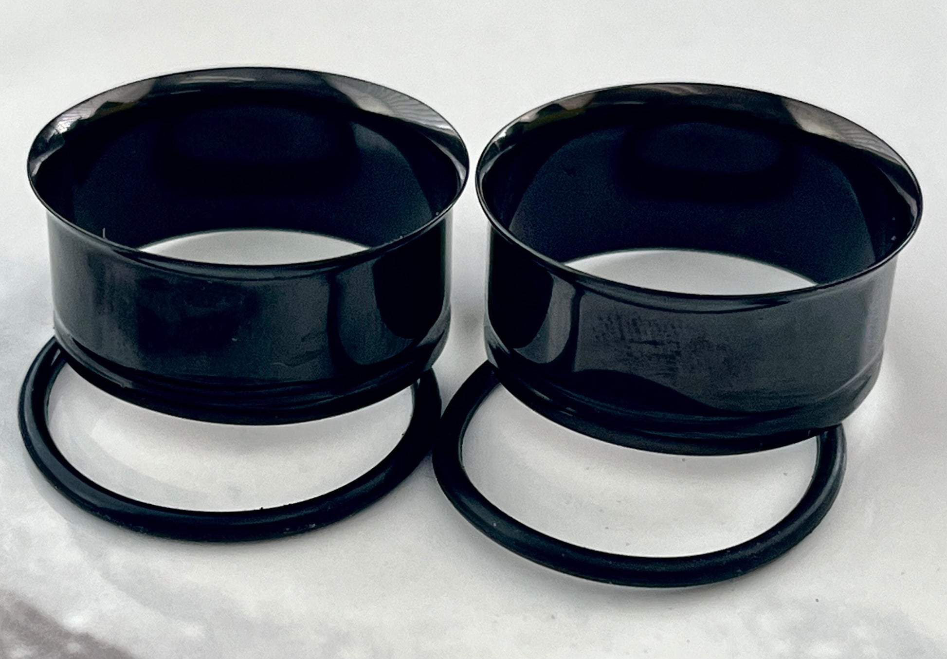 PAIR of Unique Black PVD Plated 316L Surgical Steel Single Flare Tunnels/Plugs with O-Rings - Gauges 10g (2.6mm) thru 1" (25mm) available!