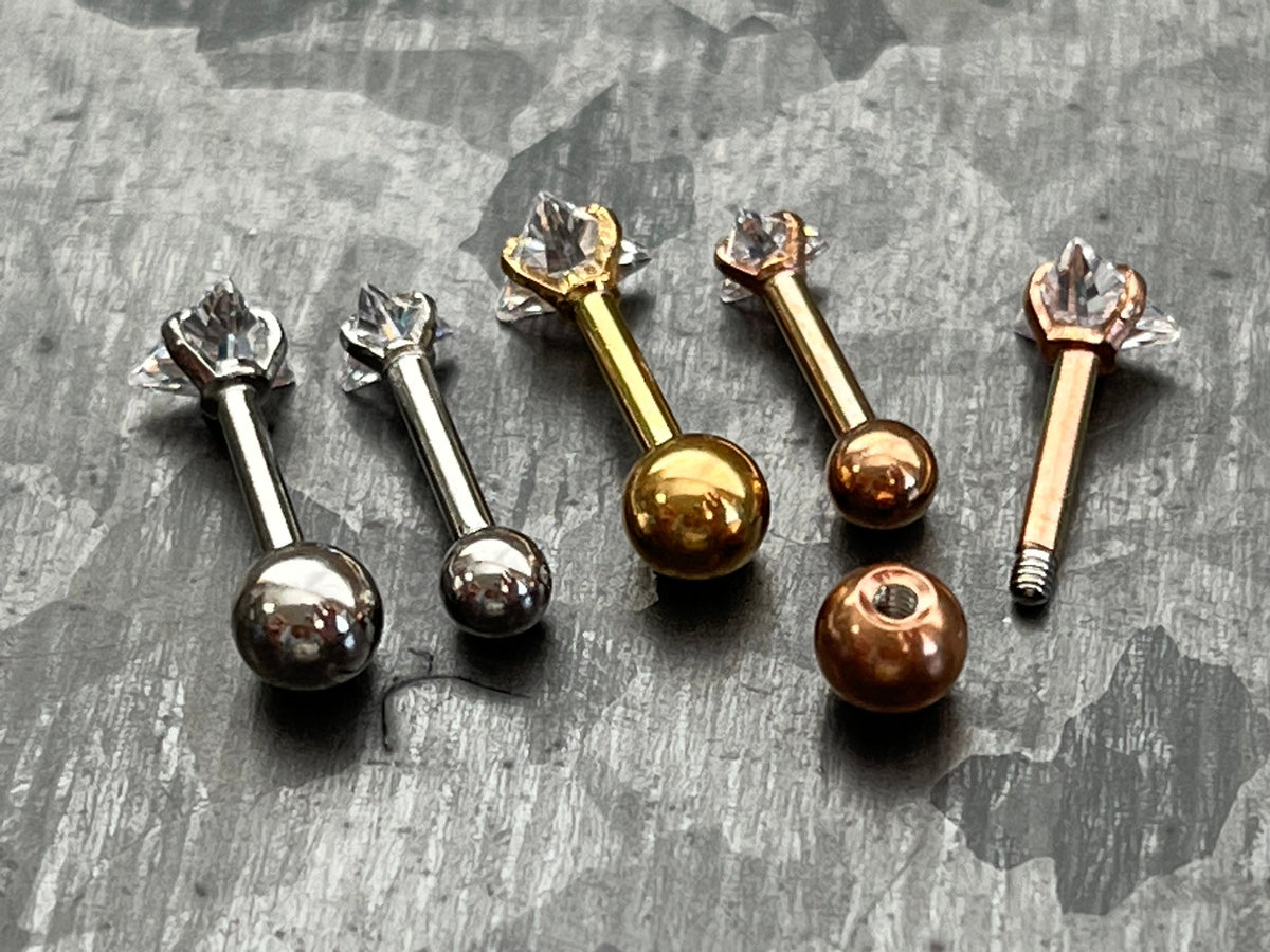 1 Piece Stunning Triangle CZ Gem Ion Plated Tragus Stud -16g - Gem Size 3mm & 4mm - Gold, Rose Gold and Silver Available!