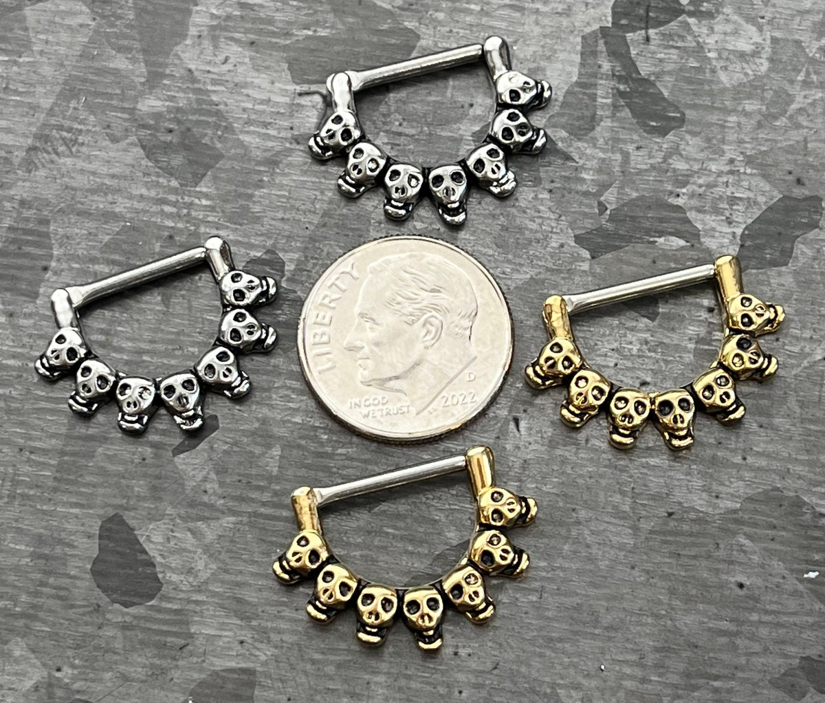 PAIR of Unique Lined Skull Design Nipple Barbell/Shield/Ring - 14g - Available in Silver and Gold!
