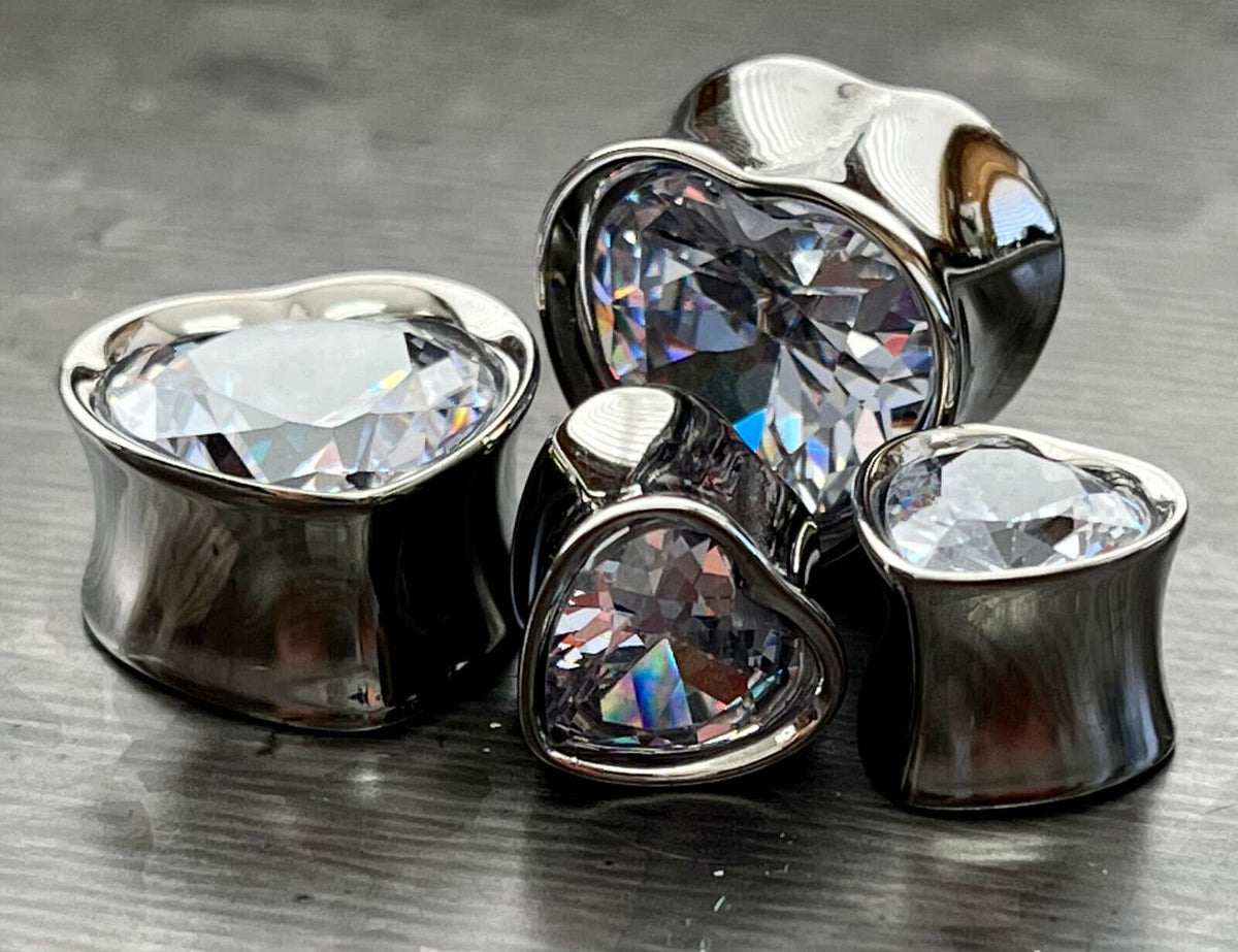 PAIR of Heart CZ Gem Double Flare Saddle Tunnels/Plugs - Clear/Silver & Vitrail Medium/Black - Gauges 0g (8mm) thru 5/8" (16mm) available!