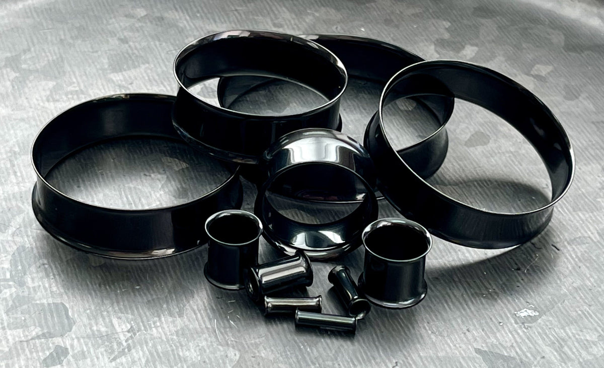 PAIR of Basic Black Steel Double Flare Tunnels/Plugs - Gauges -8g (3.26mm) thru 2" (51mm) available!
