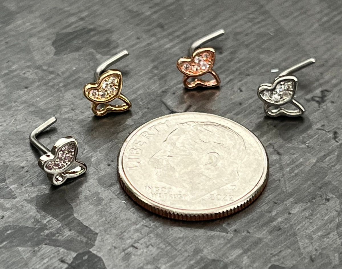 1 Piece Unique CZ Paved Butterfly L-Bend 316L Surgical Steel Nose Ring/Stud - 20g - Steel, Steel/Pink, Gold and Rose Gold Available!