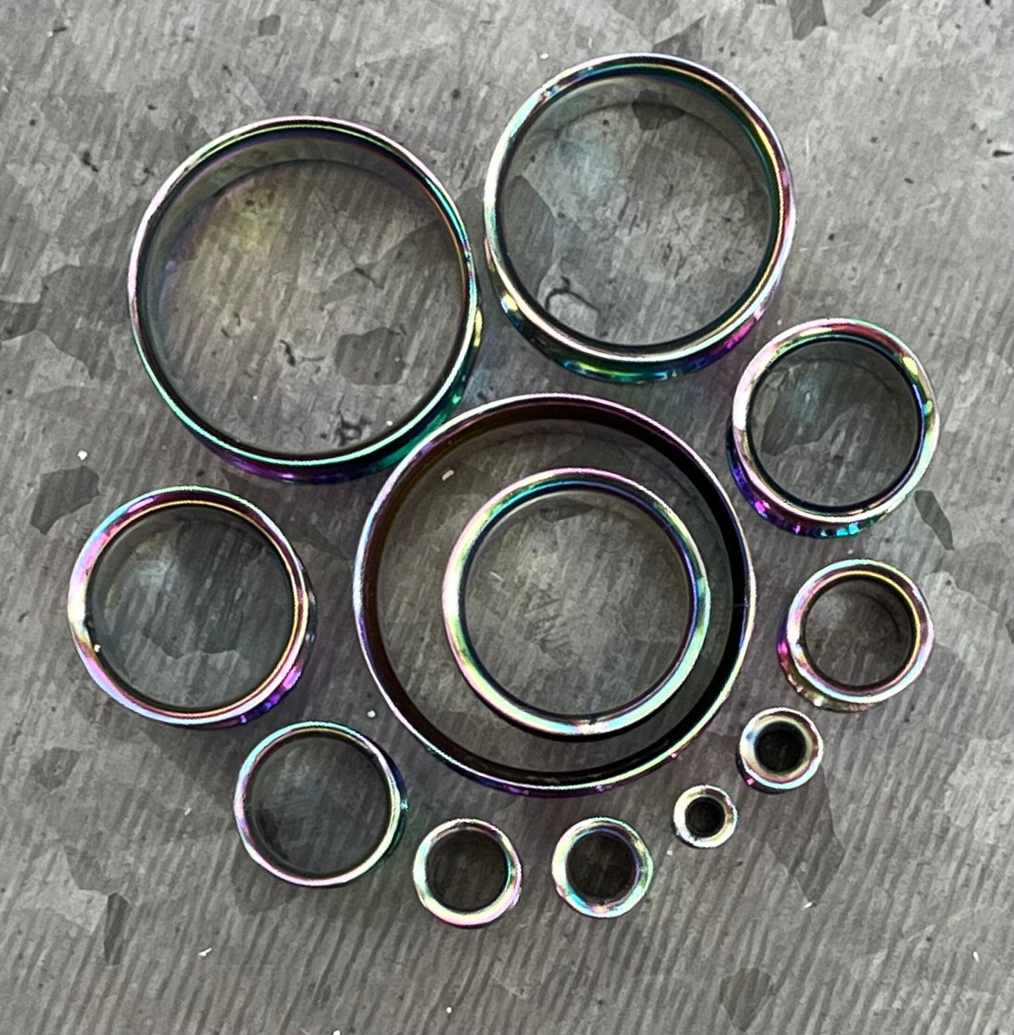 PAIR of Brilliant Rainbow Plated Steel Double Flare Tunnels/Plugs - Gauges - 8g (3mm) thru 1" (25mm) available!