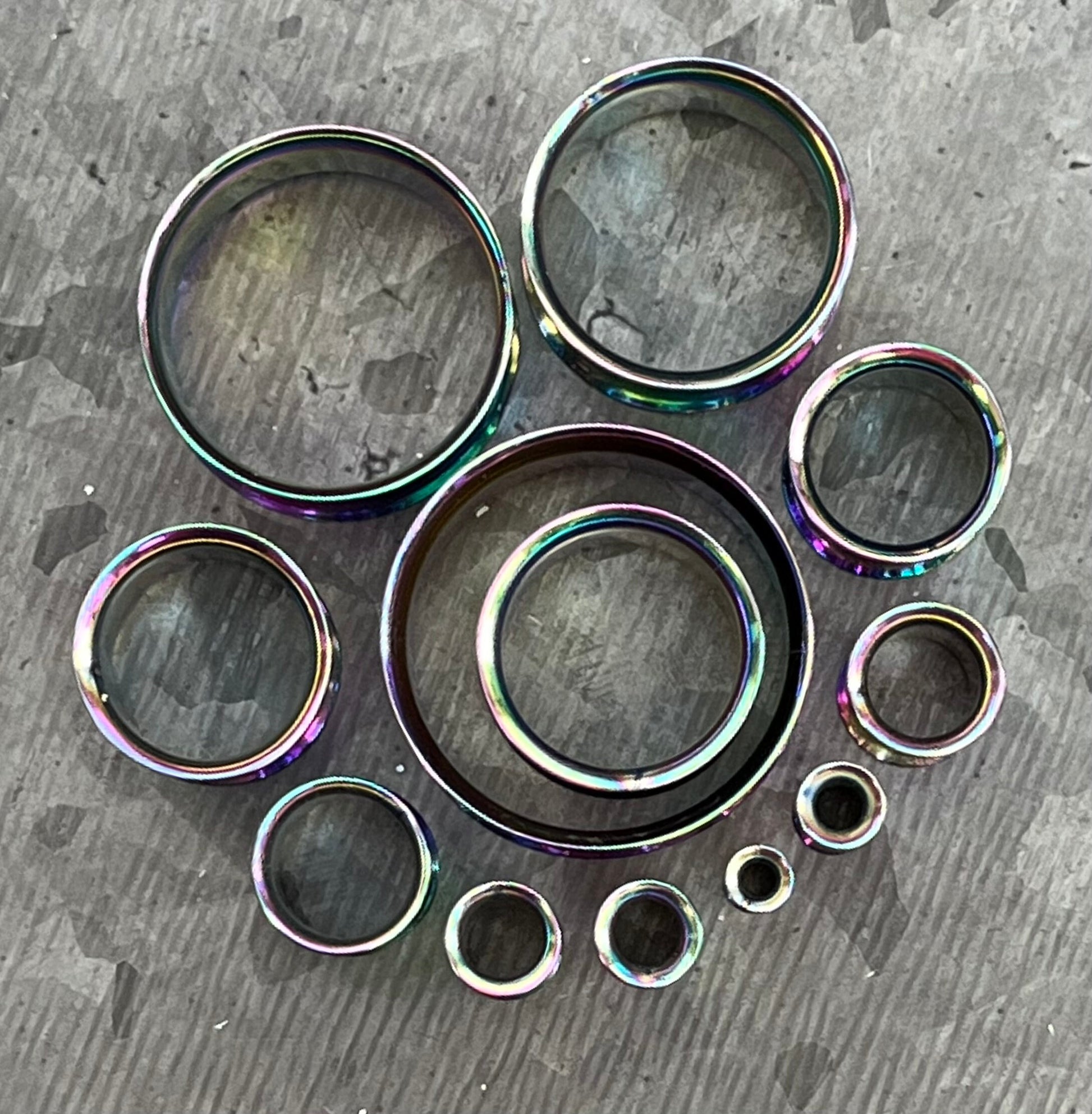 PAIR of Brilliant Rainbow Plated Steel Double Flare Tunnels/Plugs - Gauges - 8g (3mm) thru 1" (25mm) available!
