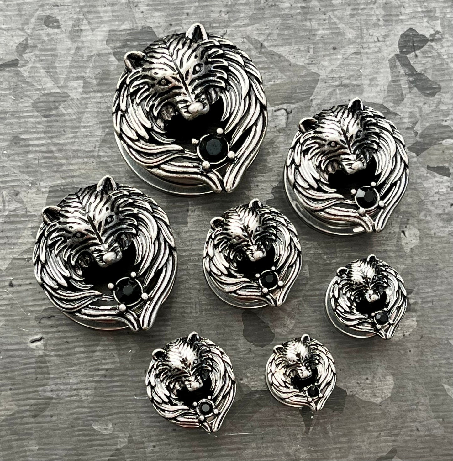 PAIR of Unique Angel Wing Wolf Face Screw Fit Steel with a Black Gem Tunnels/Plugs - Gauges 2g (8mm) thru 1" (25mm) Available!