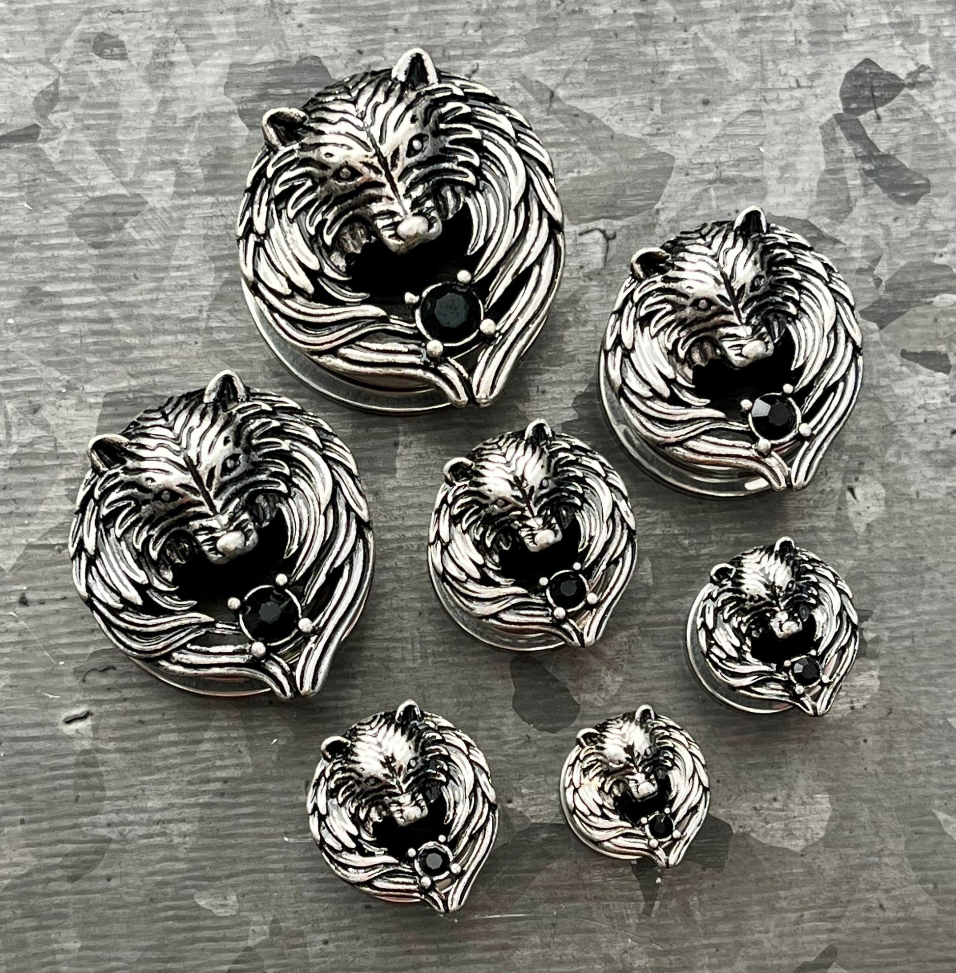 PAIR of Unique Angel Wing Wolf Face Screw Fit Steel with a Black Gem Tunnels/Plugs - Gauges 2g (8mm) thru 1" (25mm) Available!