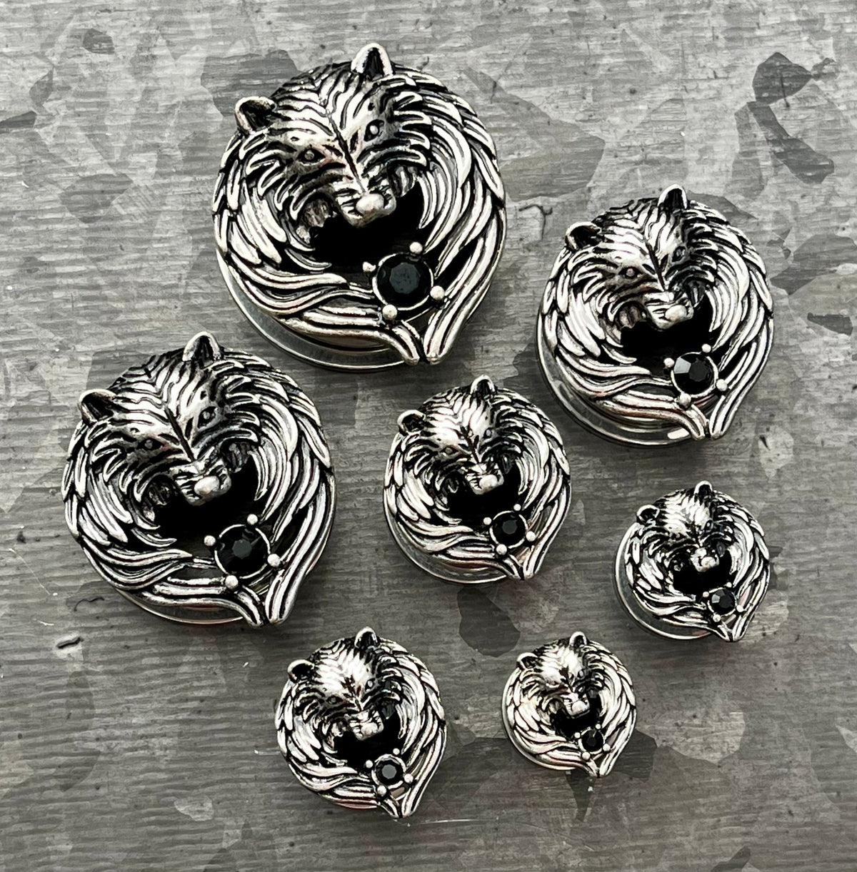 PAIR of Unique Angel Wing Wolf Face Screw Fit Steel with a Black Gem Tunnels/Plugs - Gauges 2g (8mm) thru 1" (25mm) Available!