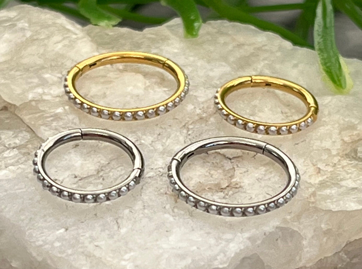 1 Piece Beautiful Outer Edge Pearls Titanium Hinged Segment Septum Ring - 16g - 10mm & 8mm - Silver and Gold Available!