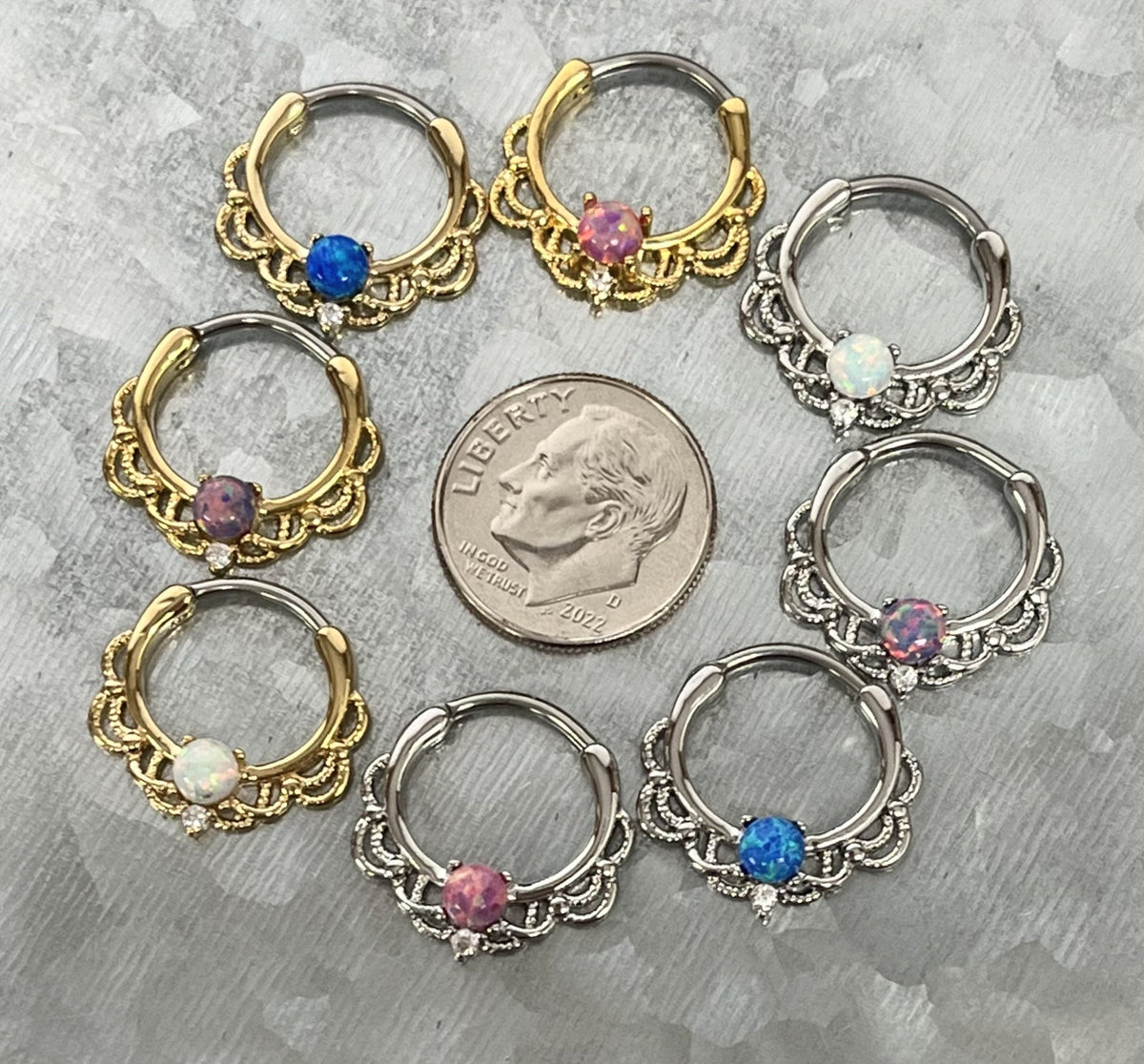 1 Piece Beautiful Lacey Opal & CZ Gem Septum Steel Ring - 16g - 9.5mm Internal Diamater - Blue, Pink, Purple and White in Gold or Silver!!