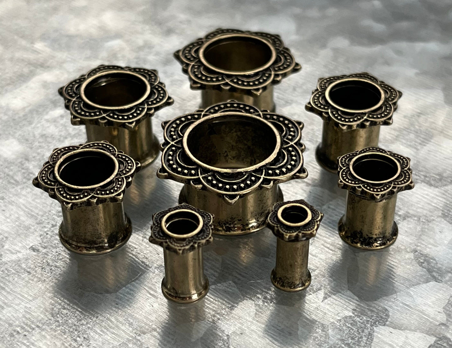 PAIR of Unique Antique Gold IP Rose of Sharon Tunnels Double Flare Steel Tunnels/Plugs - Gauges 4g (5mm) thru 5/8" (16mm) Available!