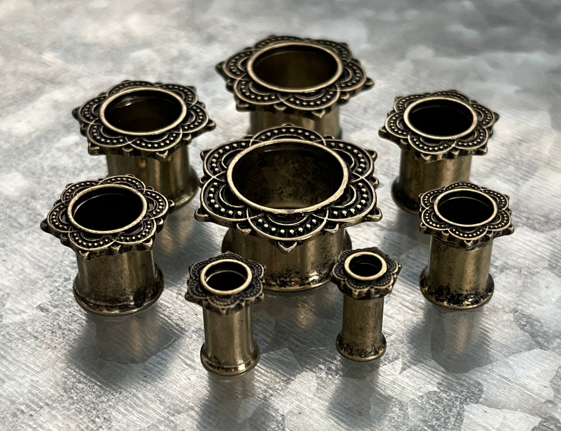 PAIR of Unique Antique Gold IP Rose of Sharon Tunnels Double Flare Steel Tunnels/Plugs - Gauges 4g (5mm) thru 5/8" (16mm) Available!