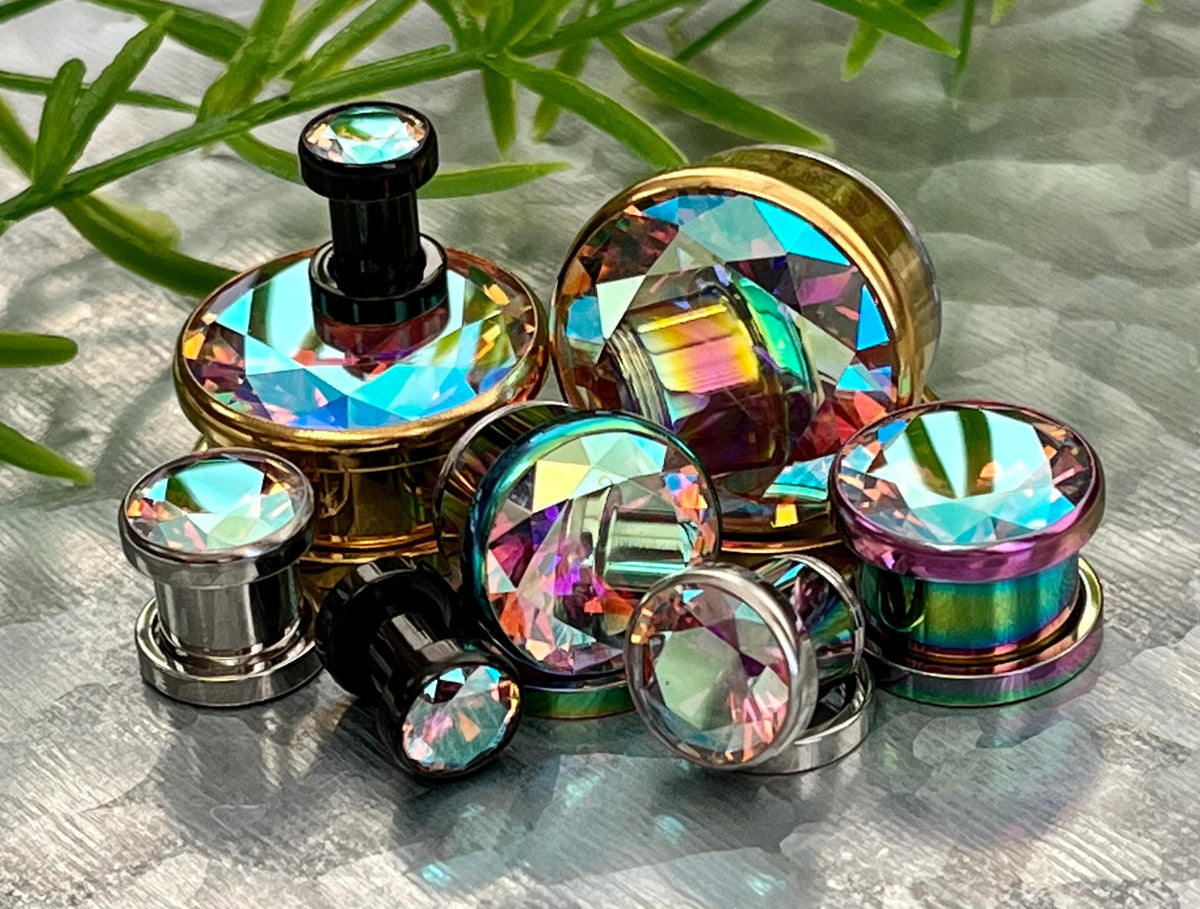 PAIR of Aurora Borealis CZ Gem Steel Screw Fit Tunnels/Plugs - Available in Black, Gold and Rainbow!