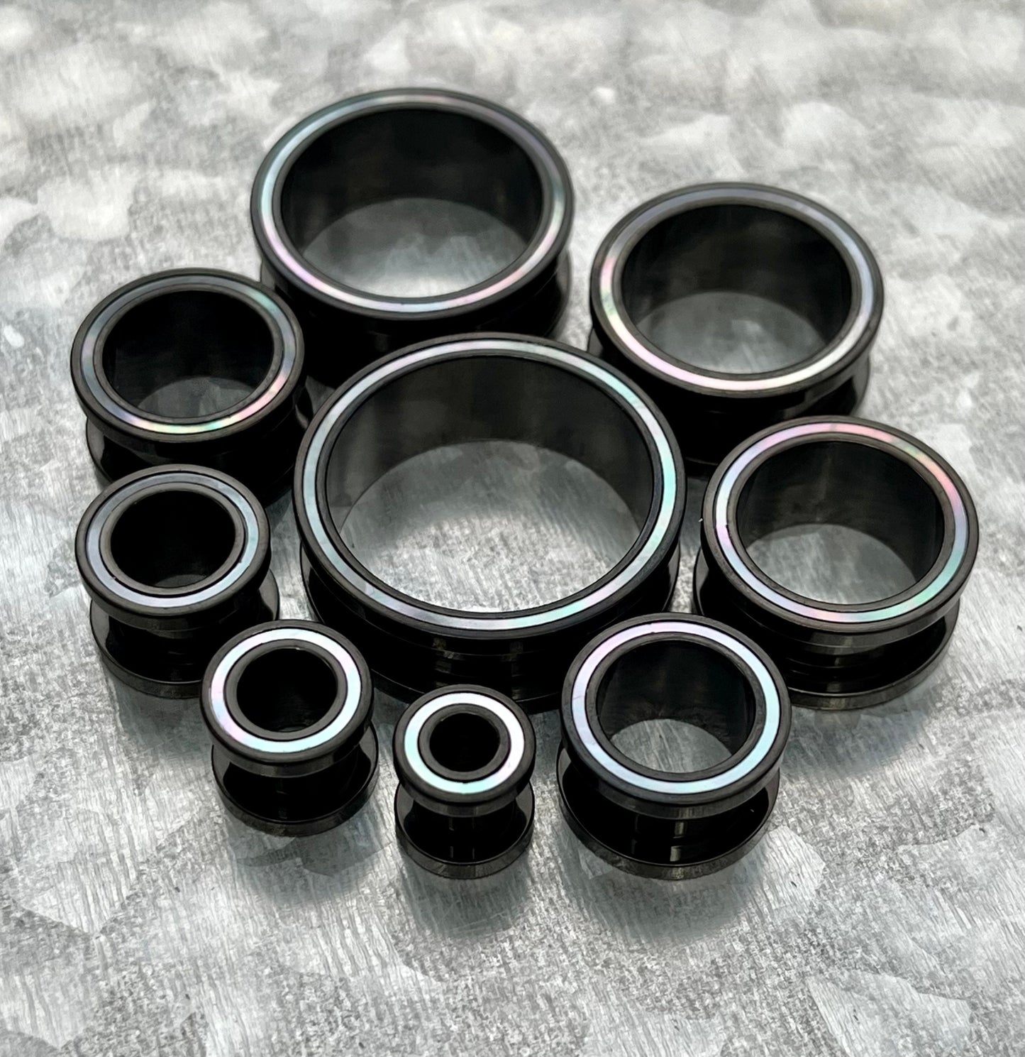 PAIR of Beautiful Mother of Pearl Rimmed Black Screw Fit Tunnels Plugs - Gauges 2g (6mm) thru 1" (25mm) available!