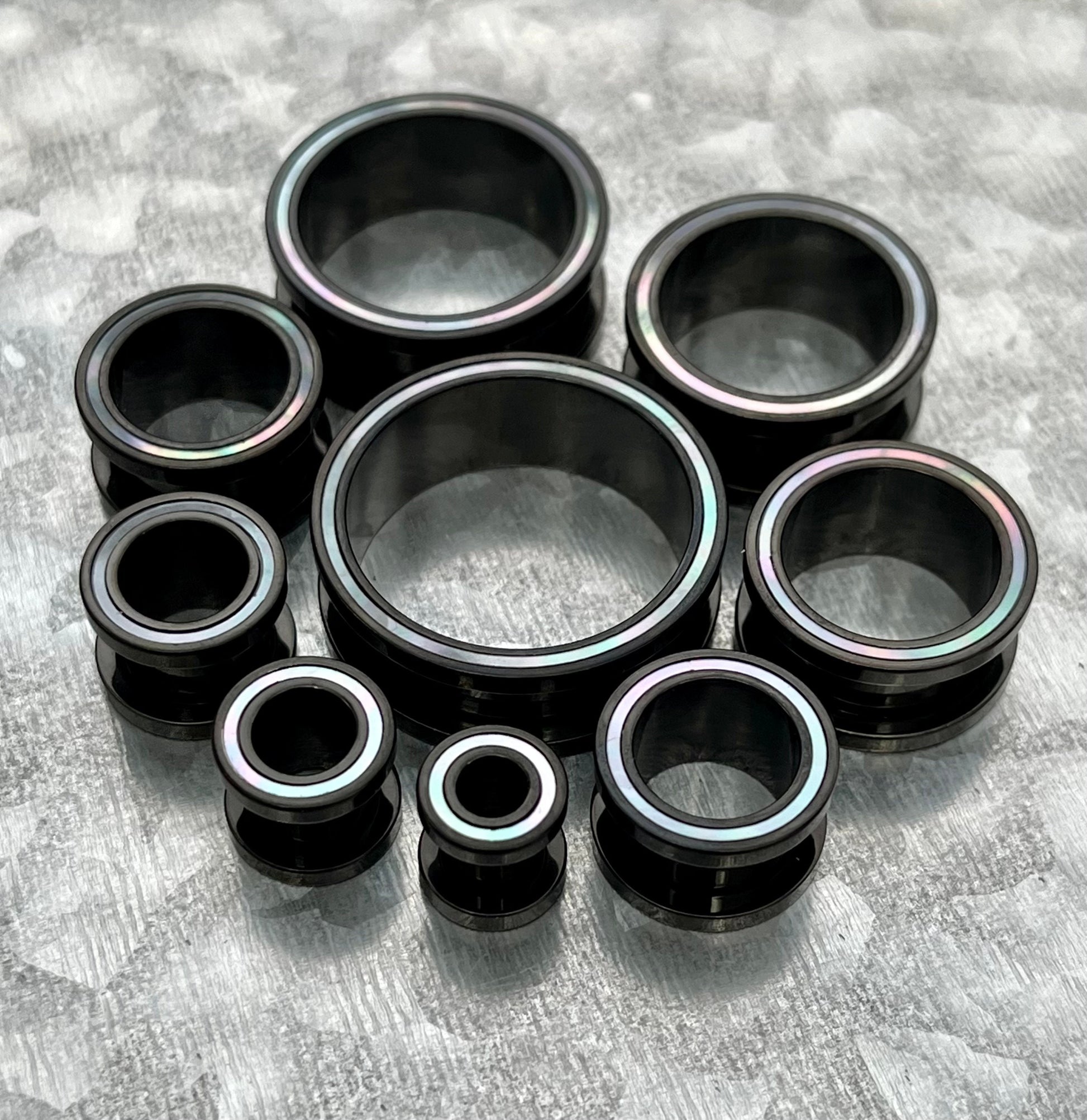 PAIR of Beautiful Mother of Pearl Rimmed Black Screw Fit Tunnels Plugs - Gauges 2g (6mm) thru 1" (25mm) available!