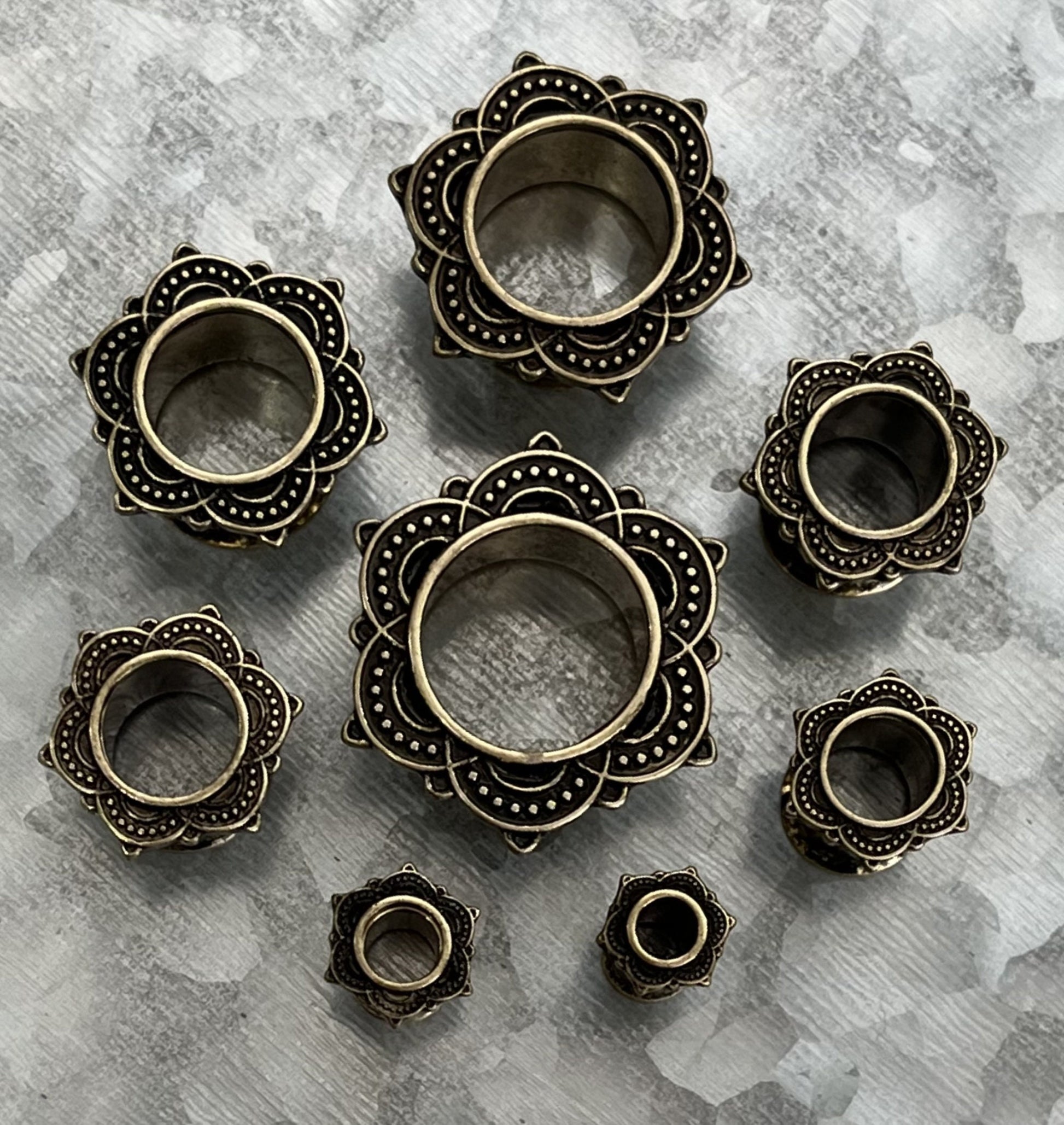 PAIR of Unique Antique Gold IP Rose of Sharon Tunnels Double Flare Steel Tunnels/Plugs - Gauges 4g (5mm) thru 5/8" (16mm) Available!