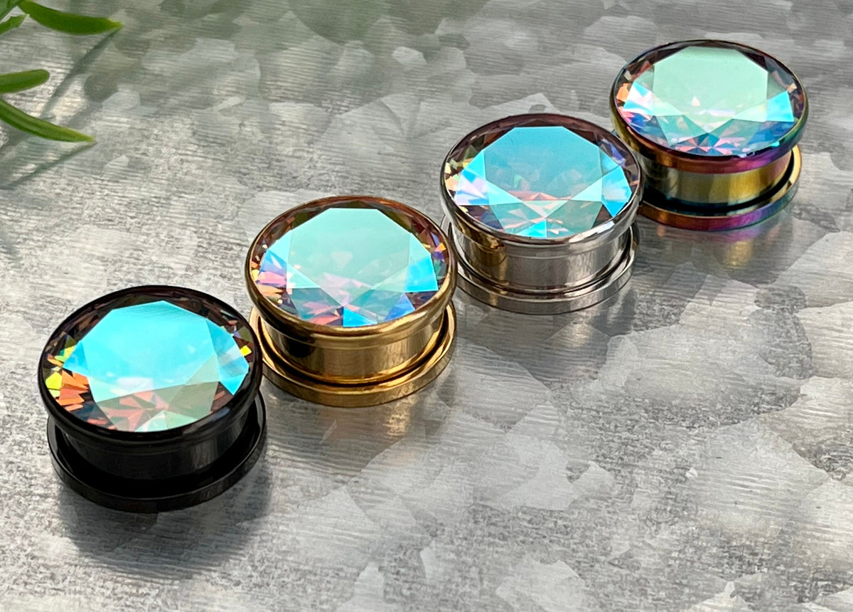 PAIR of Aurora Borealis CZ Gem Steel Screw Fit Tunnels/Plugs - Available in Black, Gold and Rainbow!