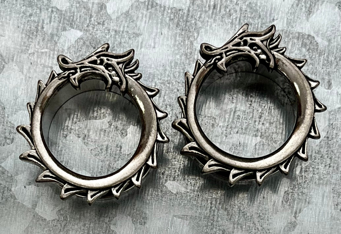 PAIR of Unique Coiled Dragon Rimmed Steel Screw Fit Steel Tunnels/Plugs - Gauges 0g (8mm) thru 1" (25mm) available!