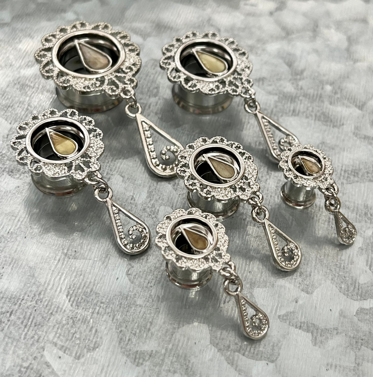 PAIR of Unique Teardrop Mother of Pearl Centered Filigree Dangle Steel Internally Threaded Tunnel- Gauges 2g(6mm) thru 5/8"(16mm) available!