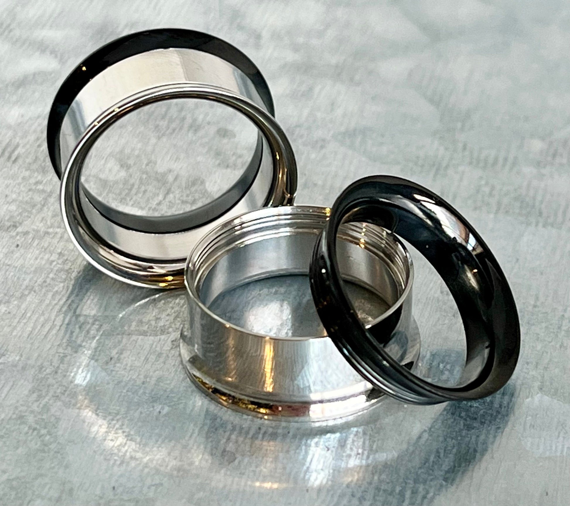 PAIR of Stunning Two Sided Black and Steel Internally Threaded Tunnels/Plugs - Gauges 2g (6mm) thru 3/4" (19mm) available!