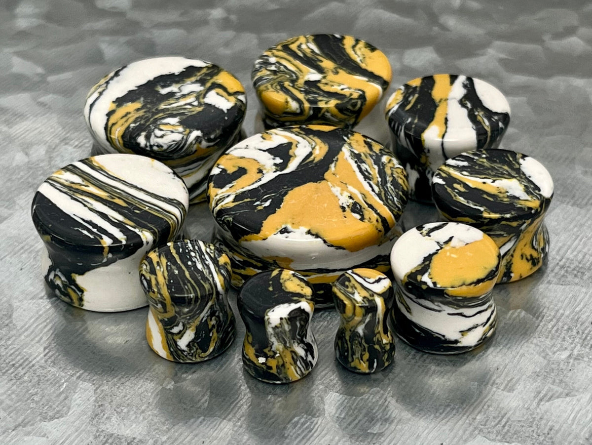 PAIR of Stunning Black, Yellow & White Synthetic Turquoise Double Flare Tunnels/Plugs - Gauges 2g (6mm) thru 1" (25mm) available!