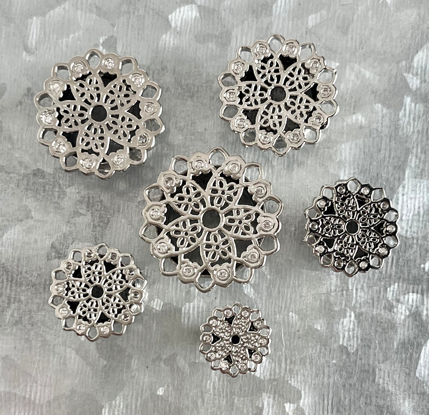 PAIR of Beautiful Crystal Set Vintage Filigree Double Flare Tunnels - Gauges 8g (3mm) thru 5/8" (16mm) available!