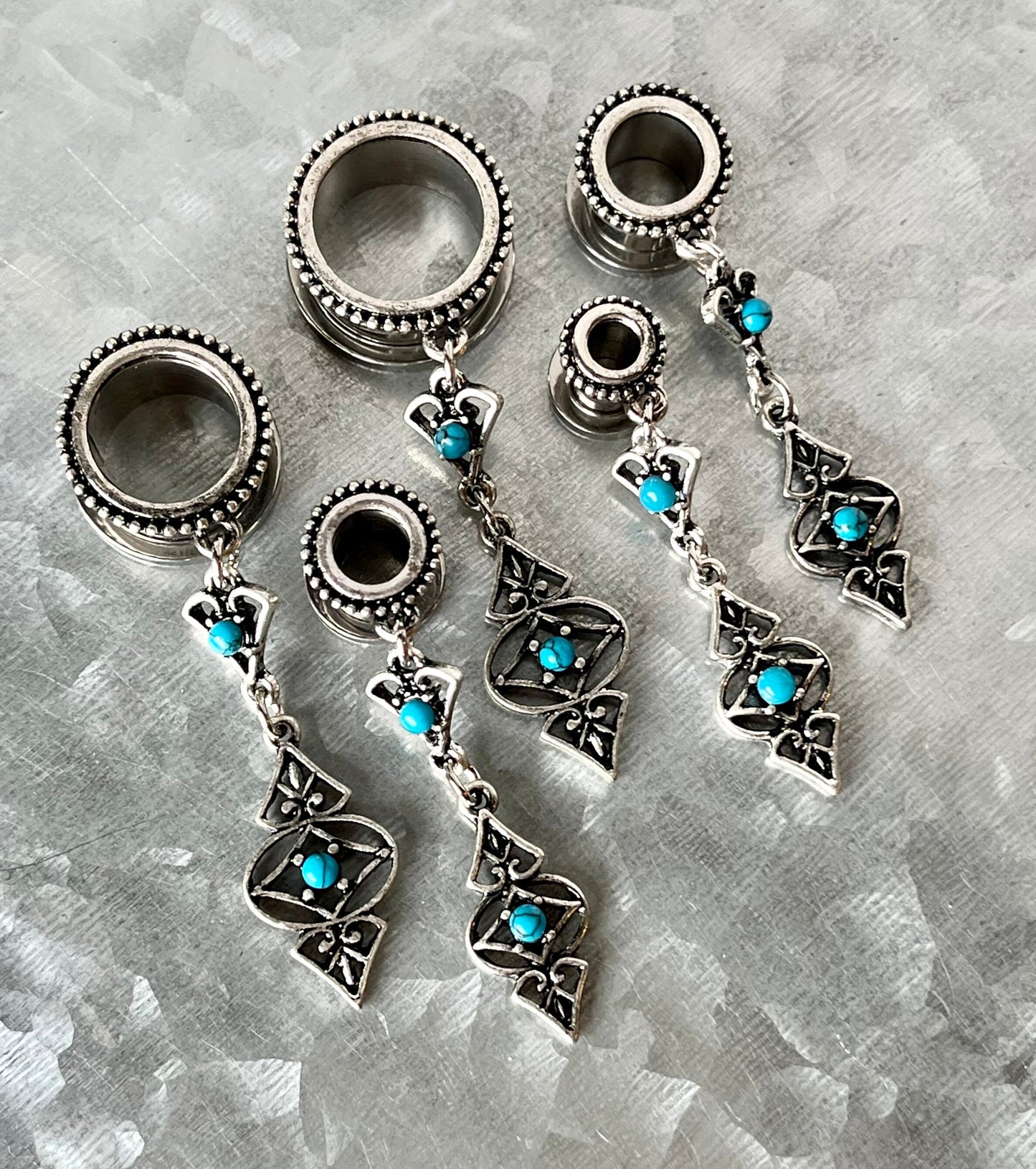 PAIR of Beautiful Turquoise Tribal Charms Dangle Screw Fit Tunnels/Plugs - Gauges 2g (6mm) thru 5/8" (16mm) Available!