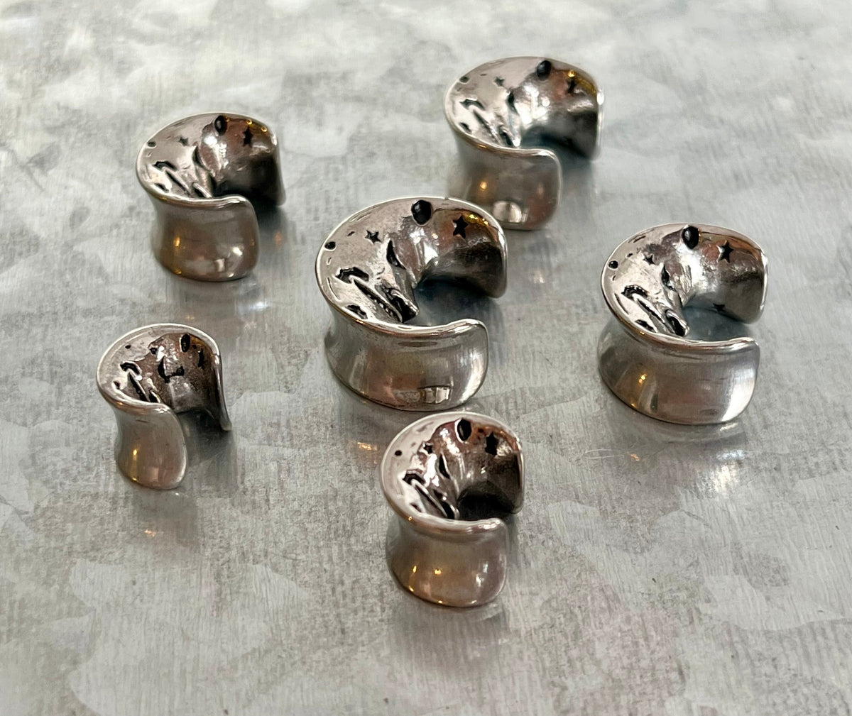 PAIR of Unique Face of the Moon Saddle Surgical Steel Ear Spreaders Hanger-Tunnels/Plugs - Gauges 0g (8mm) thru 16mm available!