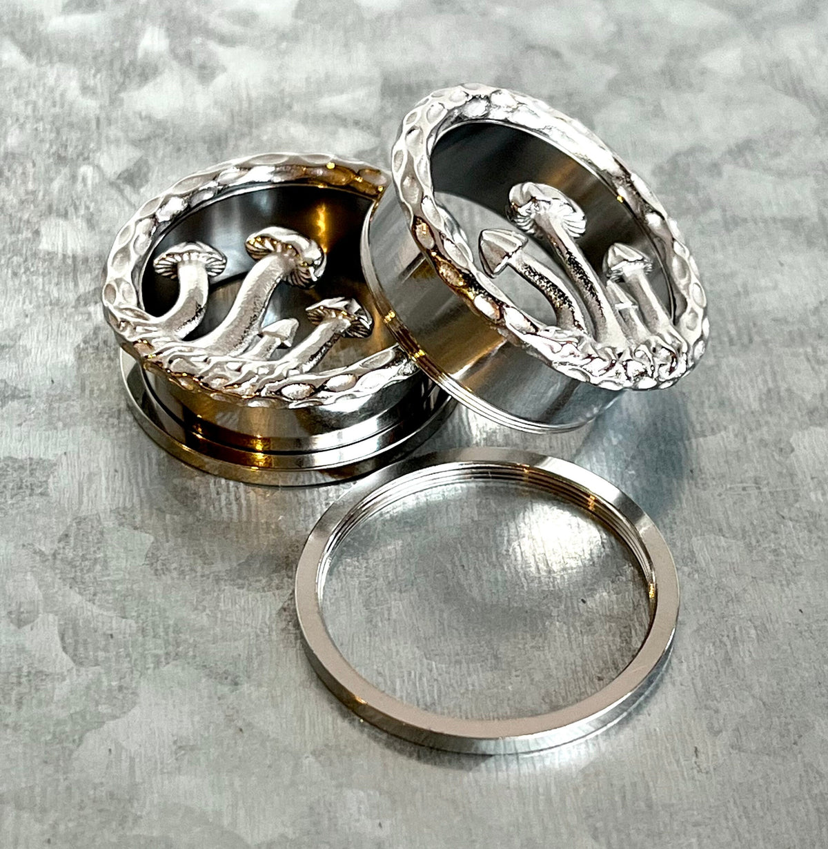 PAIR of Unique Mushrooms L316 Surgical Steel Screw Fit Tunnels/Plugs - Gauges 0g (8mm) up to 1" (25mm) available!