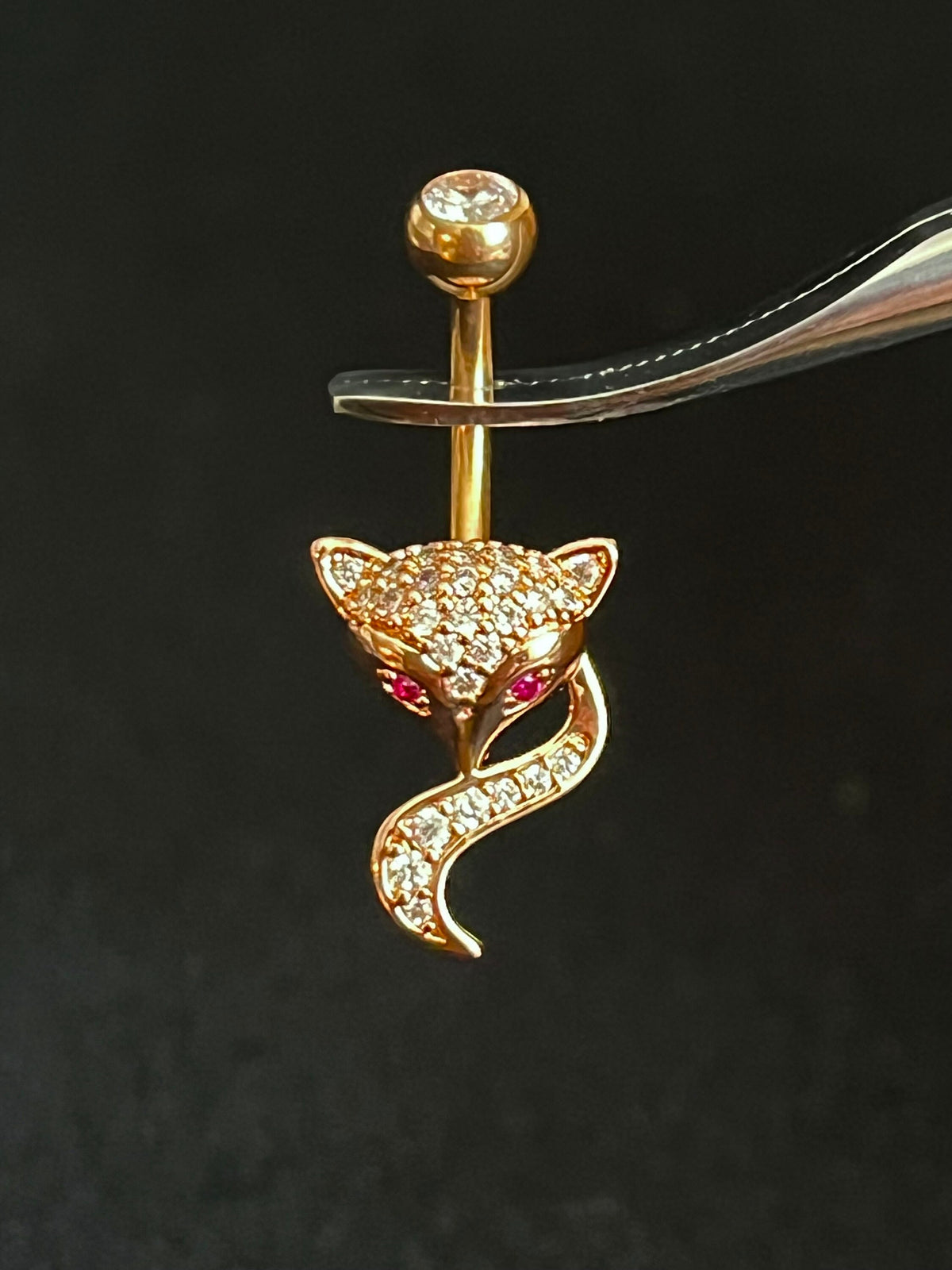 1 Piece Unique Paved CZ Gem Fox Navel / Naval Belly Button Ring - 14g - 10mm - Gold, Silver and Rose Gold Available!