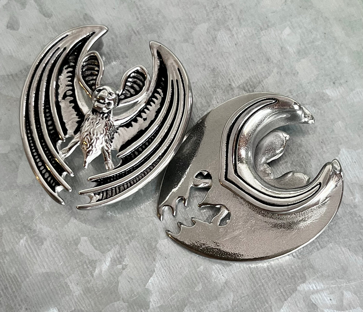 PAIR of Unique Flying Bat Saddle Surgical Steel Ear Spreader Hanger-Tunnels/Plugs - Gauges 0g (8mm) thru 3/4" (19mm) available!