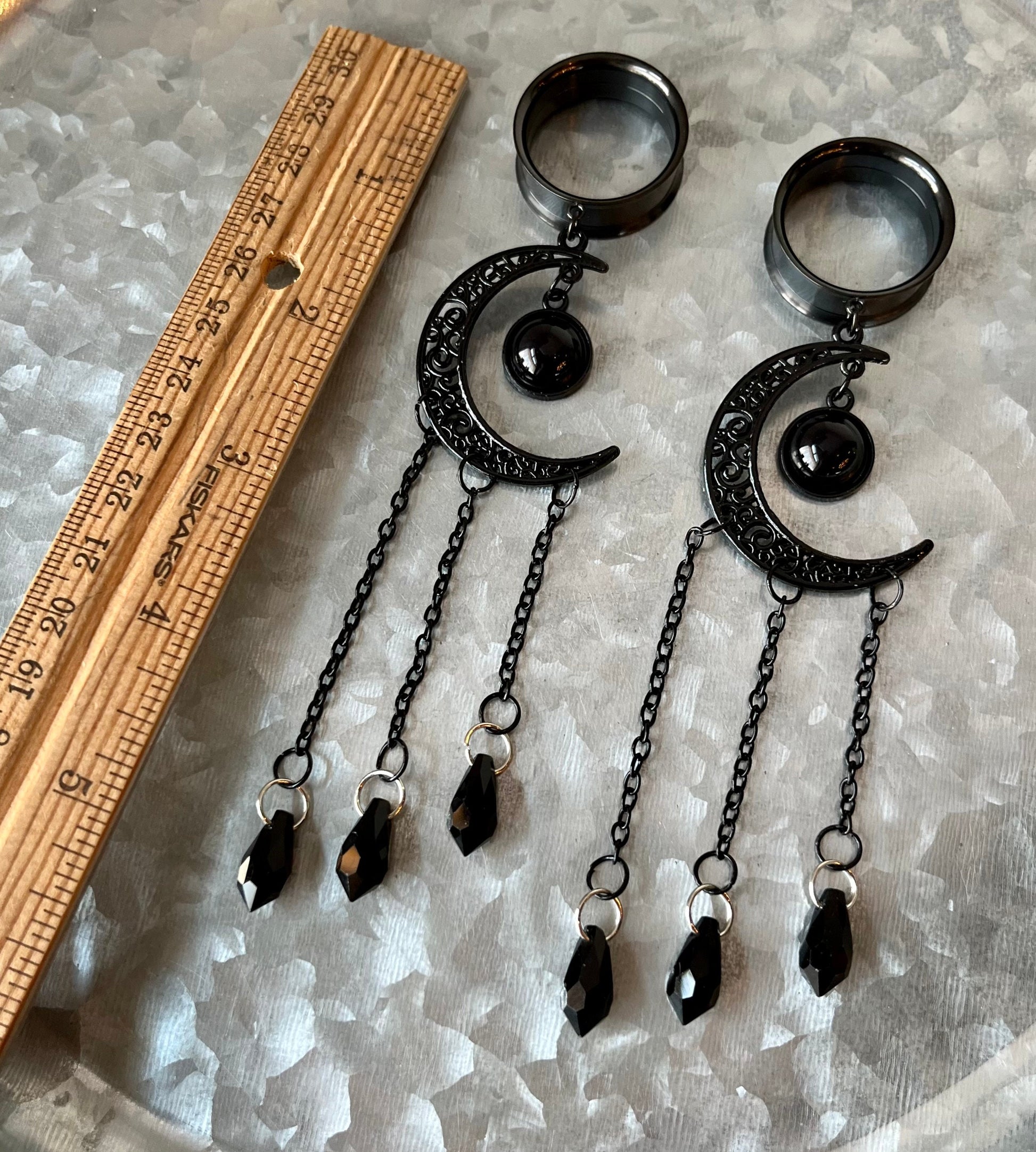 PAIR of Unique Black Filigree Moon Dangle Internally Threaded Dangle Screw Fit Tunnels -Gauges 2g (6mm) thru 1" (25mm) Available!