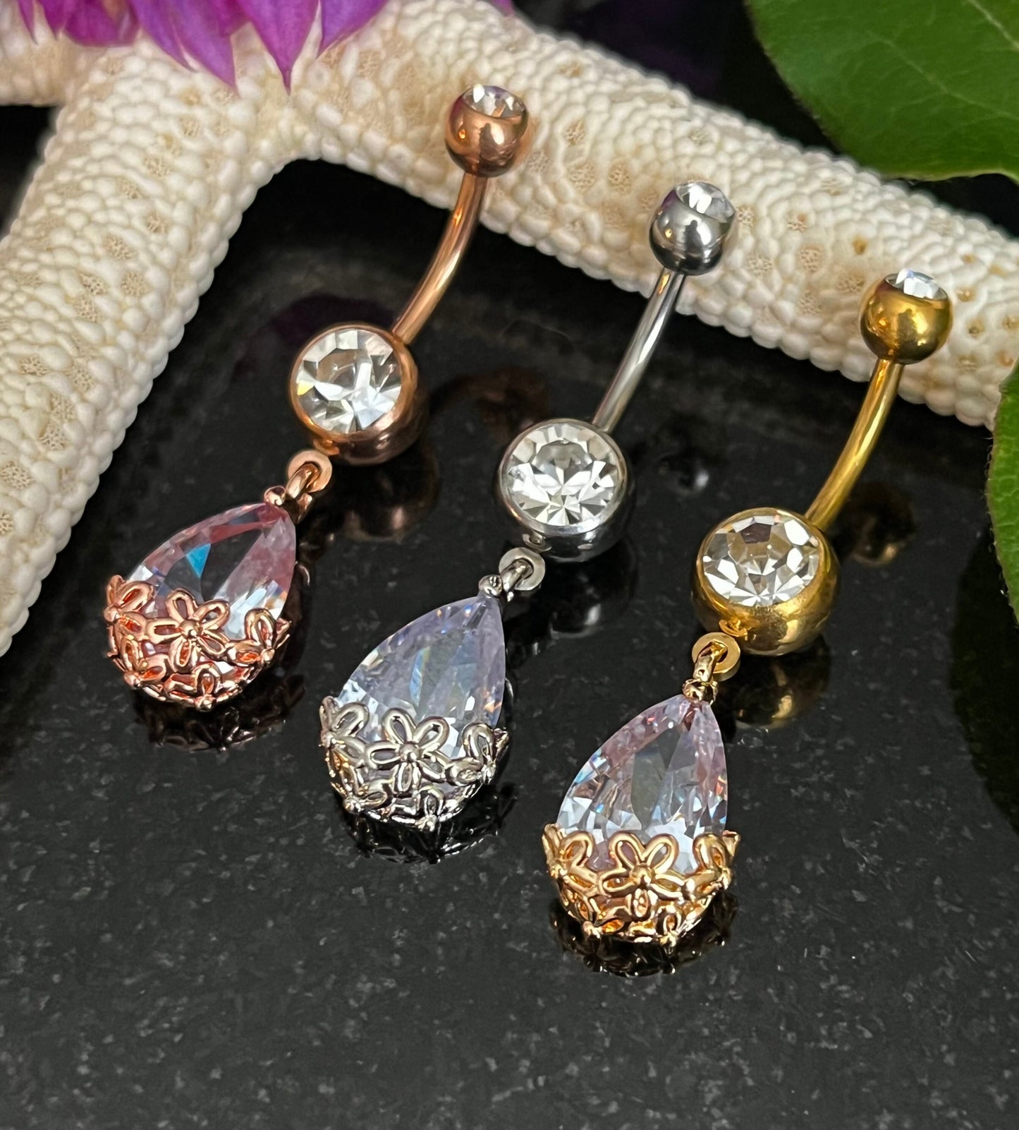 1 Piece Unique Floral Filigree Tear Drop Gem Belly Button Ring Navel / Naval Belly Ring - 14g - 10mm - Gold, Steel and Rose Gold Available!