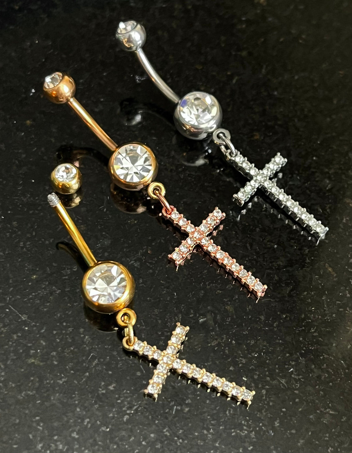 1 Piece Stunning Crystal Gem Paved Cross Dangle Navel / Naval Belly Button Ring - 14g - 10mm - Gold, Silver and Rose Gold Available!