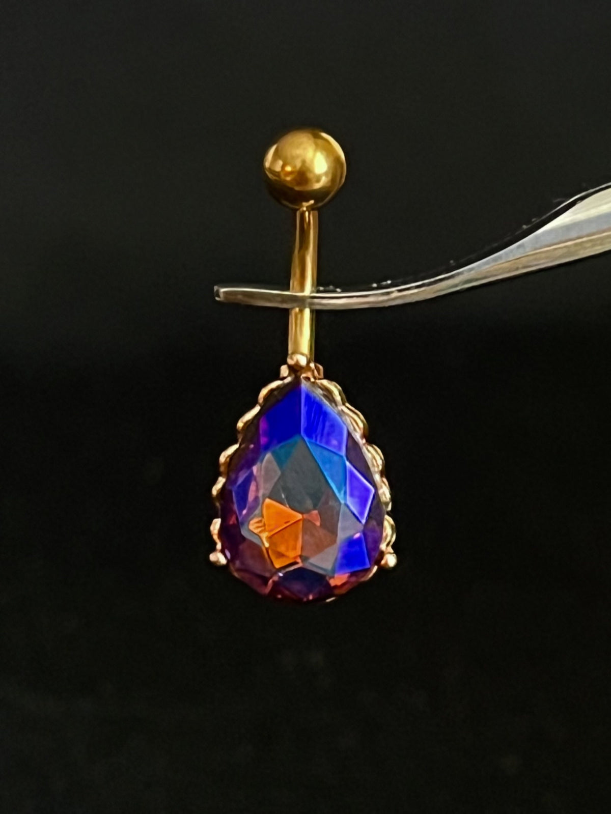 1 Piece Brilliant AB Effect Tear Drop Gem with Heart Filigree Back Rose Gold Belly Ring - 14g - Available in a Variety of Colors!