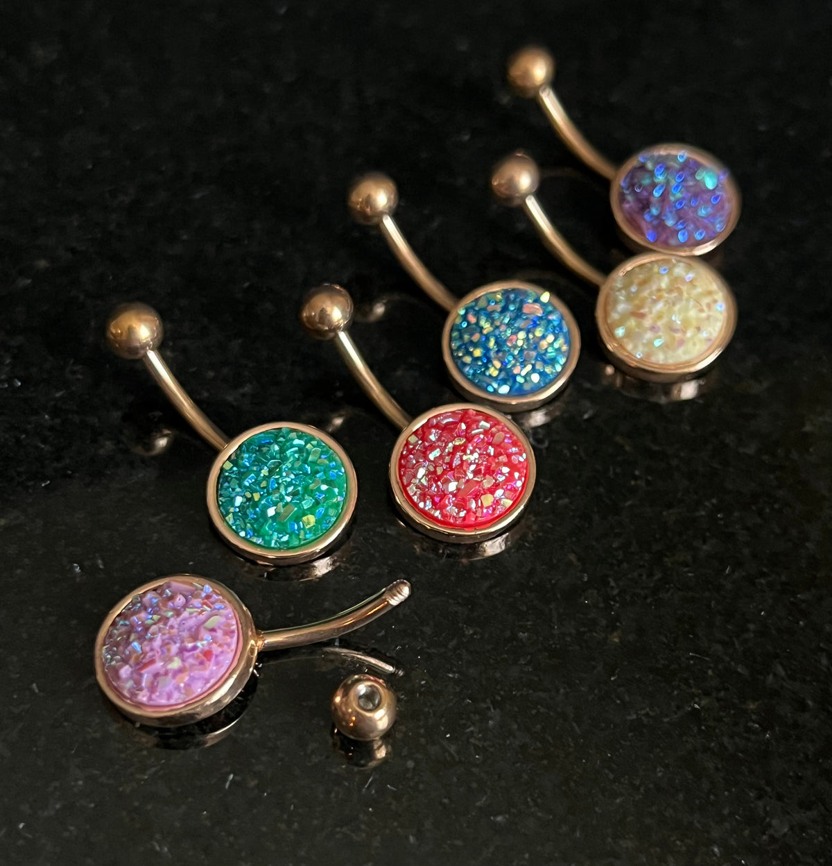 1 Piece Stunning Round Druzy Stone Style Rose Gold Plated Steel Belly Ring - 14g - 10mm - Available in a Variety of Colors!