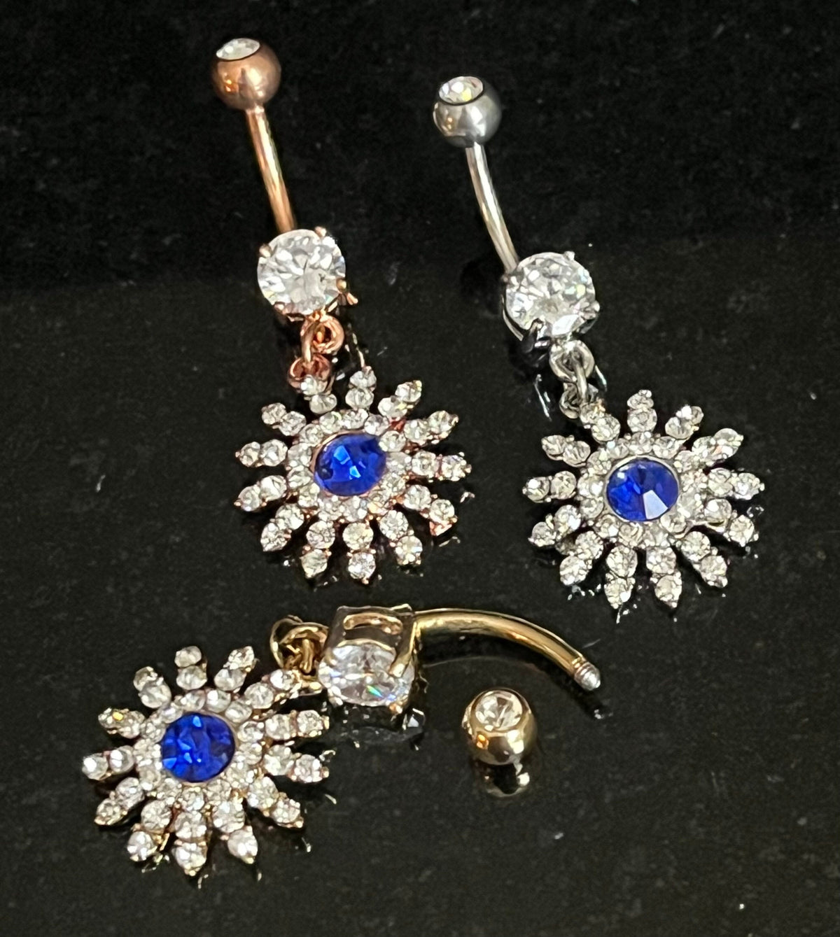 1 Piece Stunning Paved Gem Flower with Blue CZ Center Dangle Navel / Naval Belly Ring - 14g - 10mm - Gold, Steel and Rose Gold Available!