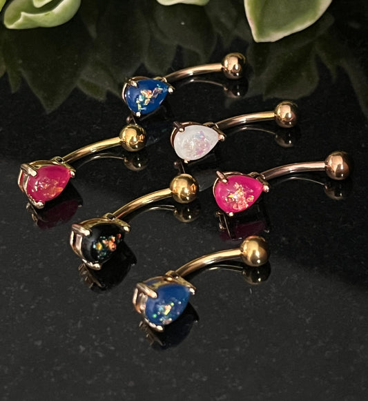 1 Piece Solitaire Tear Drop Opal Glitter Gem Navel/Naval Belly Ring - 14g -Available in Gold or Rose Gold in Blue, Pink, White & Dark Green!