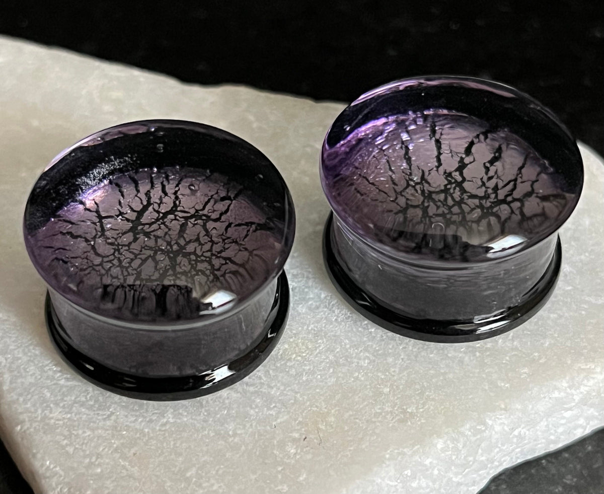 PAIR of Stunning Purple & Black Fracture Design Glass Double Flare Plugs - Gauges 2g (6mm) through 3/4" (19mm) available!