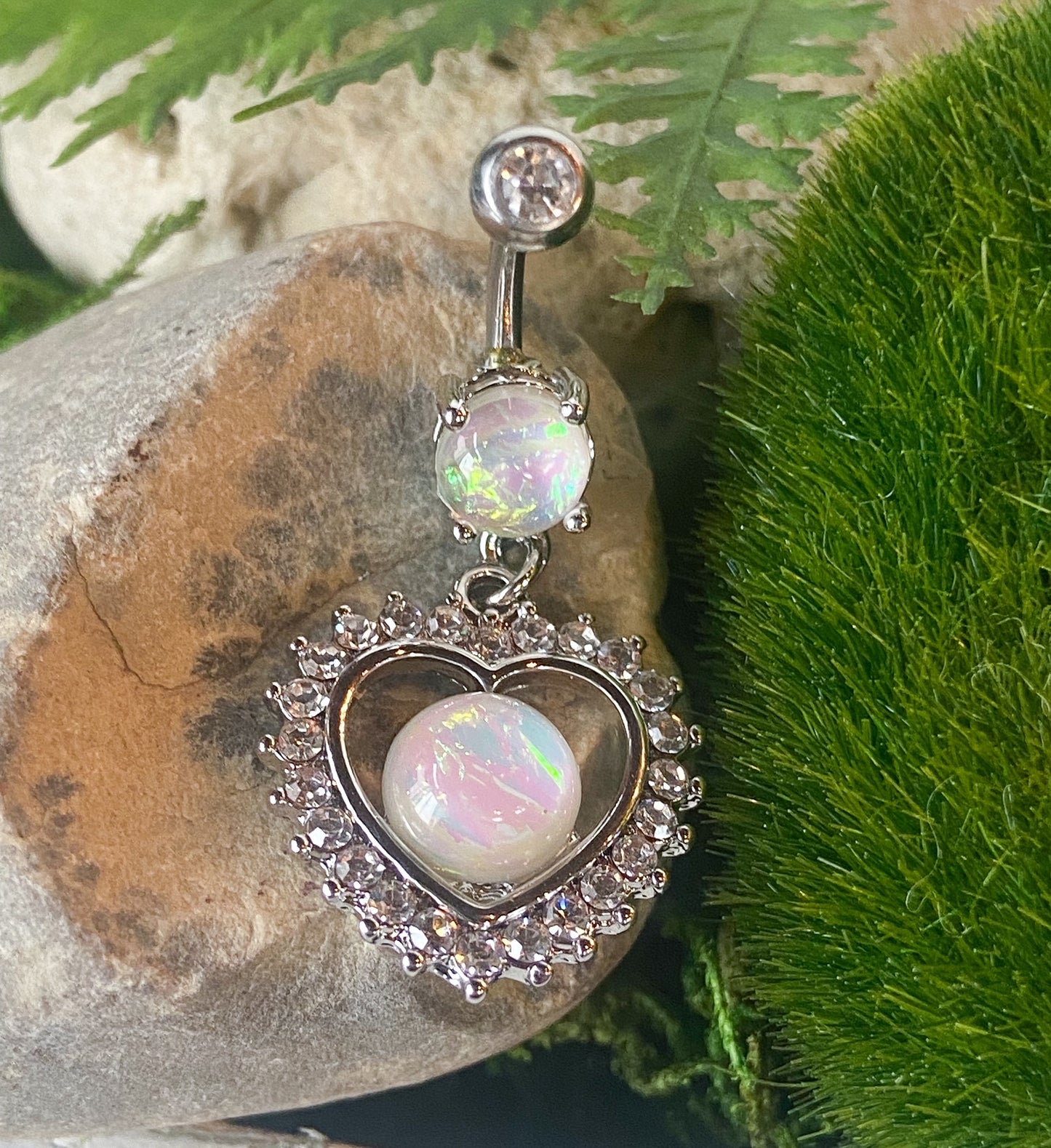 Opal Glitter Center Crystal Heart Dangle Belly Button Ring Navel Naval