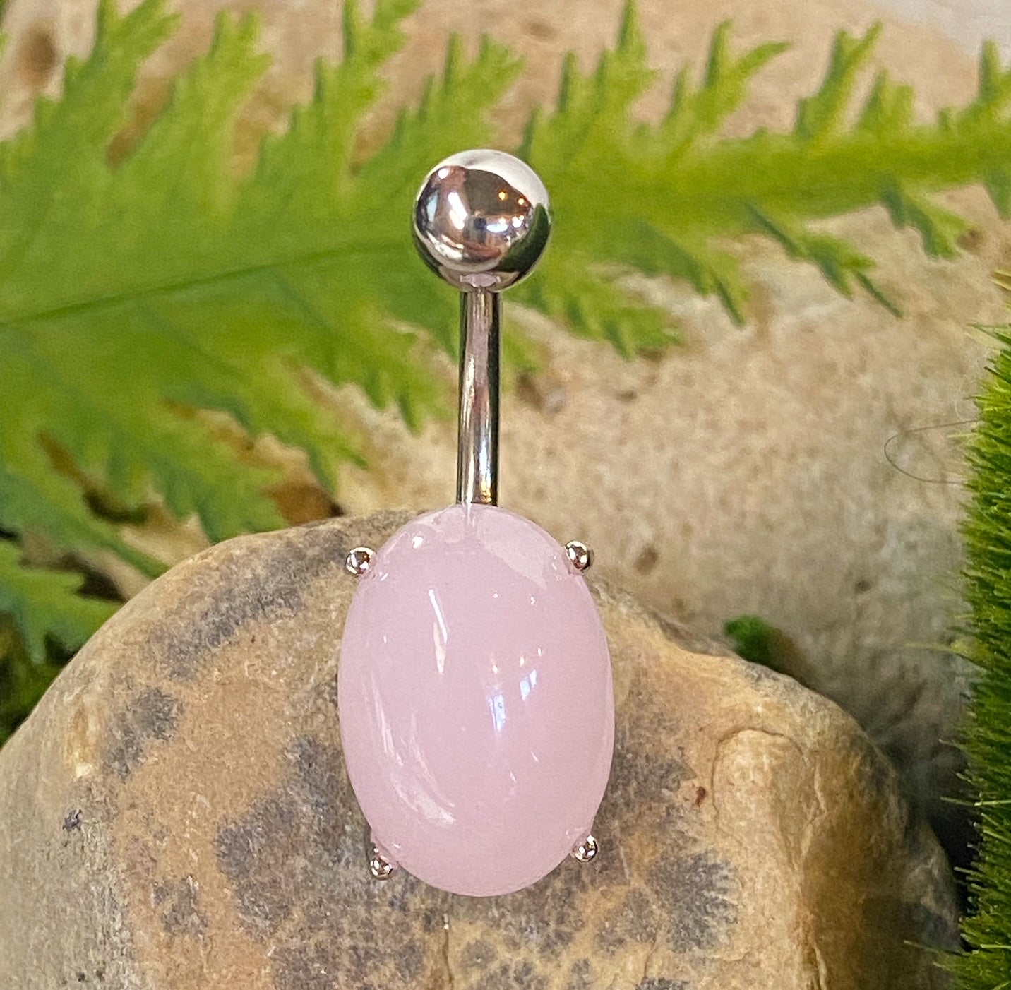 Oval Semi Precious Stone Belly Ring Pierced Navel Naval Jewelry Prong Set 14g